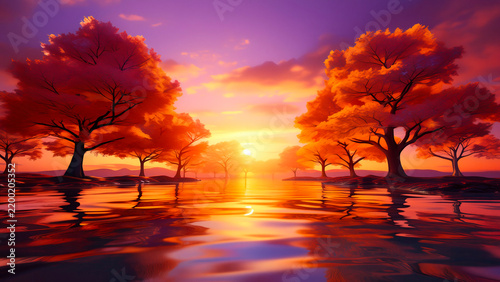 Futuristic fall landscape with neon golden yellow orange trees reflecting on water 