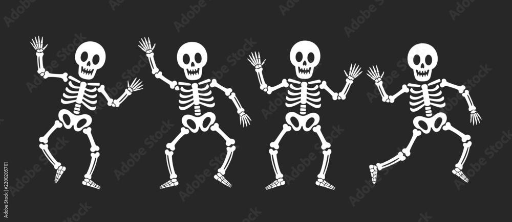 Obraz premium Set of cute cartoon skeletons dancing happily for halloween holiday celebration