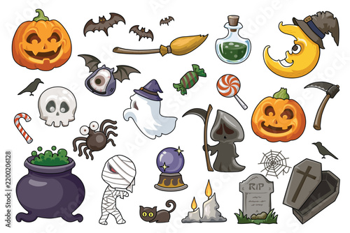 Set of cute halloween character illustrations including ghosts pumpkins bats and monsters on white background.