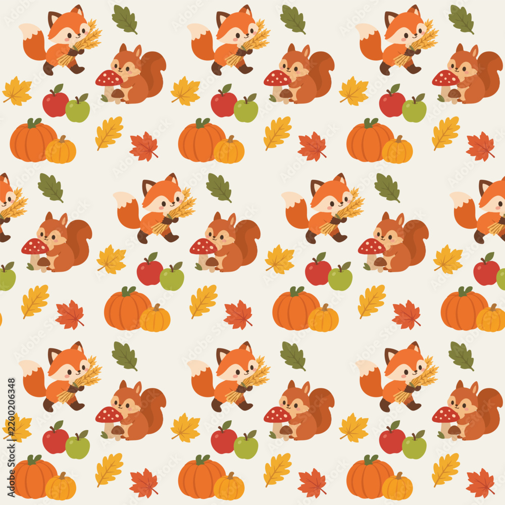 Obraz premium Cute Woodland Fox and Squirrel Autumn Seamless Pattern with Pumpkins, Apples and Leaves Vector Illustration
