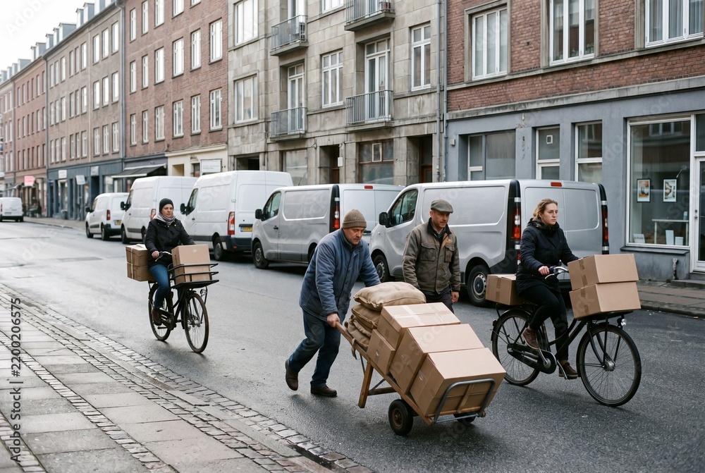 Obraz premium City delivery team carries parcels by bicycle and cart along damp street. Workers push stacked boxes past parked vans, showing busy urban logistics, careful handling, and focused mood.