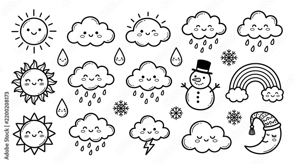 Obraz premium Cute Kawaii Weather Icon Set with Smiling Sun Clouds Rain Snow Rainbow and Moon Doodle Vector Illustrations