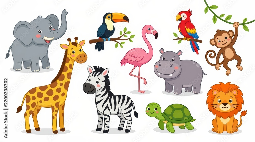 Obraz premium Cute Cartoon Wild Animals Collection with Elephant Giraffe Zebra Lion Monkey and More for Kids Design