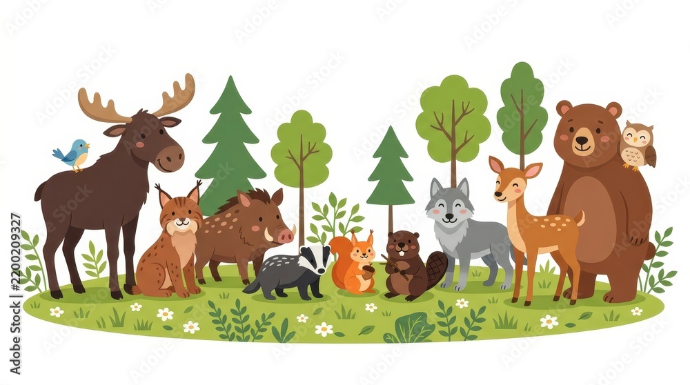 Obraz premium Cute Forest Animals Illustration with Bear Moose Wolf Deer and Squirrel in a Woodland Meadow Scene