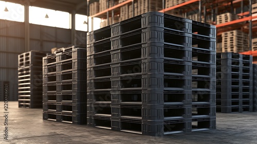 Stacks of black plastic shipping pallets inside a large warehouse.