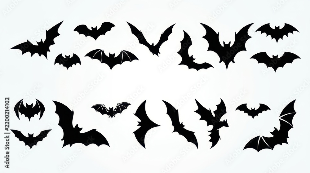 Fototapeta premium Collection of Black Bat Silhouettes for Halloween Decoration and Spooky Graphic Design Projects