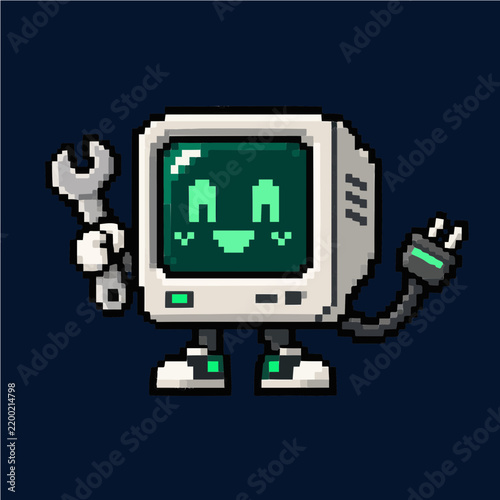 Retro pixel computer repair mascot holding a wrench with smiling green monitor screen power plug cable and vintage desktop style for electronics service technical maintenance and support branding