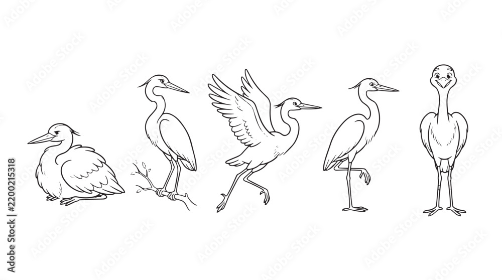 Fototapeta premium Minimalist heron bird line art collection, set of 5 elegant crane vector illustrations, hand drawn stork sketches for nature branding and logos isolated on Transparent Background