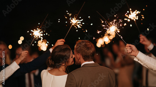 Happy wedding guests holding glowing sparklers around the newlywed couple at night, sparkling lights, joyful celebration, romantic reception atmosphere, wedding party, evening