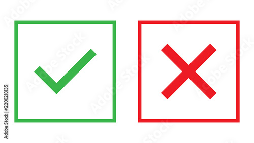 Fotografie Green check mark and red cross mark icons in square frames with green tick appro