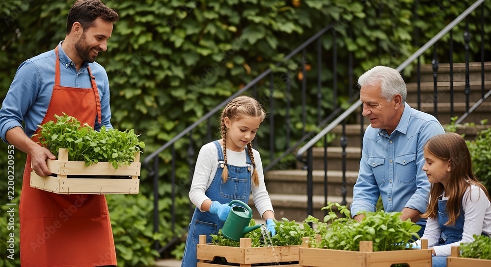 Obraz premium Happy Multi-generational Family Gardening Together, father carrying seedling crate while daughters and grandfather water plants in wooden boxes, perfect for family lifestyle blogs.