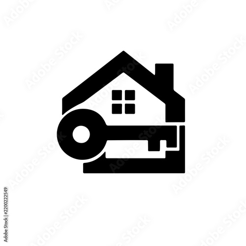 Black and white real estate logo featuring a simple house silhouette and oversized key symbol for property sales mortgage services home ownership branding and residential business identity