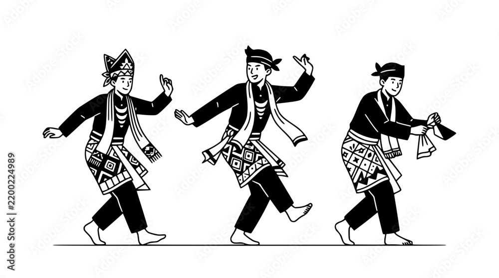 Fototapeta premium Traditional Indonesian Dance Performance: Three Men in Festive Attire