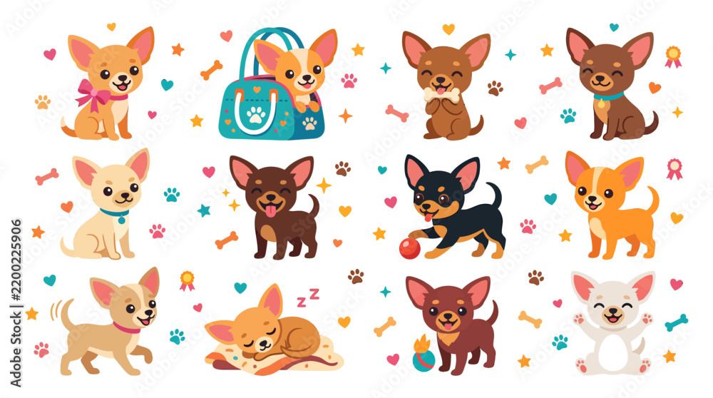 Obraz premium Adorable cartoon chihuahua puppies in a delightful collection of playful poses and charming activities, perfect for pet-themed designs