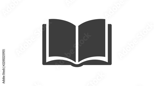 Minimalist open book vector graphic illustration featuring a bold dark grey icon