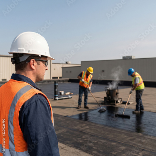Construction worker in a hard hat watching a team applying liquid roofing tar on a flat building roof, minimalist style free of text and logos for construction industry advertising