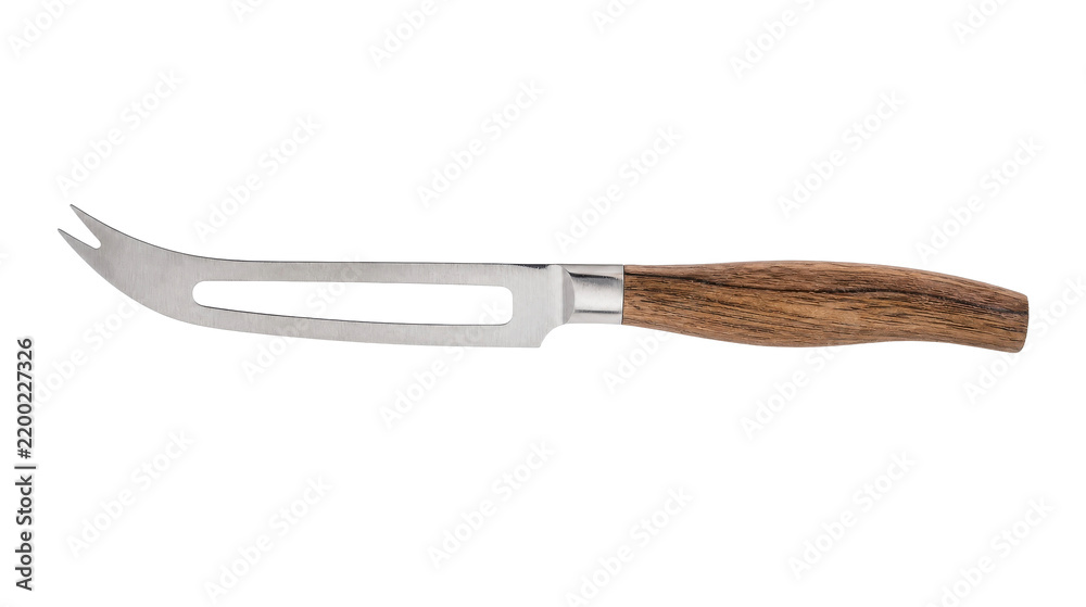 Fototapeta premium Sleek stainless steel cheese knife with a wooden handle is presented on a clean white background