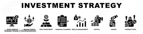 Investment Strategy banner web icons set vector illustration glyph style.