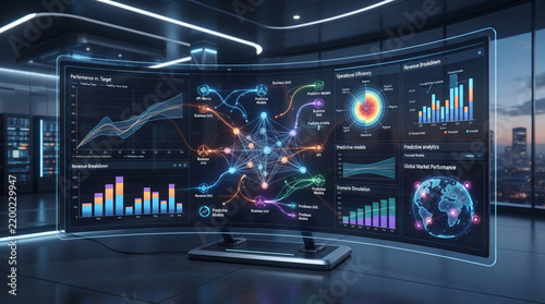 Large curved digital screen displaying complex financial data and market trends.