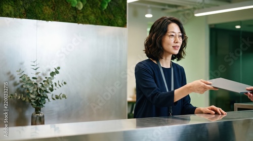 Generative AI, Asian receptionist handing over documents at an office front desk