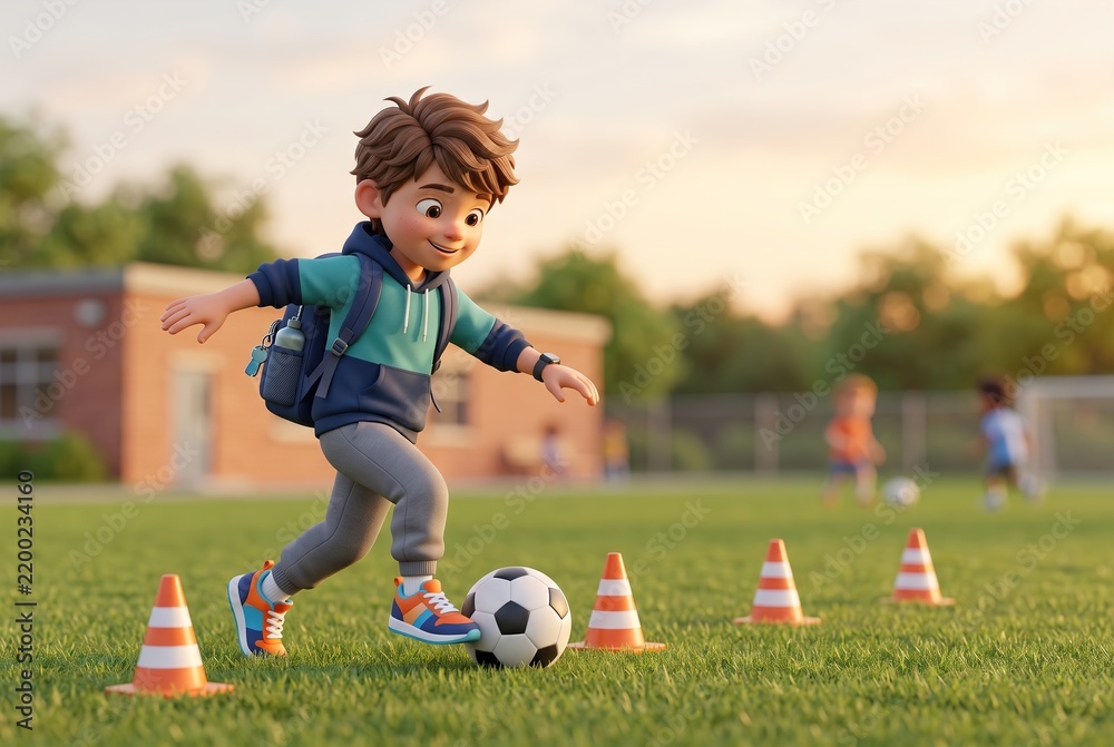 Obraz premium A young boy plays soccer on a grassy field after school. He dribbles a soccer ball around orange cones. Other children play soccer nearby