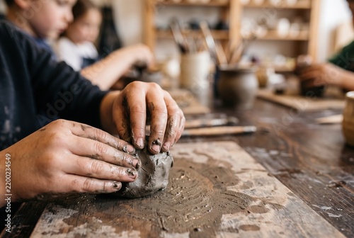 Children use their hands to shape clay in a busy art studio. They focus on their projects while surrounding tools and materials are spread on the table