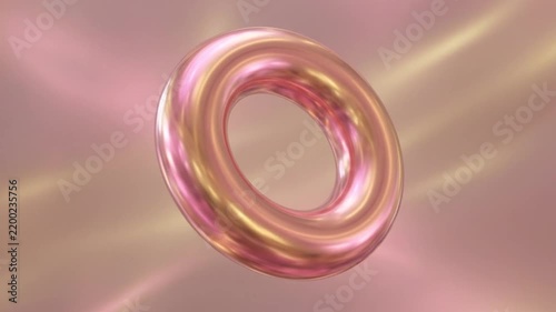 Elegant 3D iridescent pink torus ring rotating on abstract rose gold background.