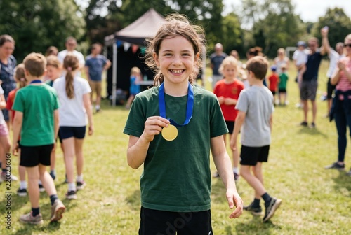 A group of children engage in leisure activities in a park, with one child holding a gold medal and smiling. It is a sunny afternoon, and many kids are playing