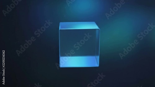 Futuristic Glowing Blue Crystal Cube Spinning in Dark Foggy Environment.