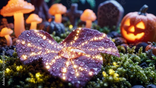 Magic Water Drop Reflecting Light on Purple Leaf in Halloween Miniature Garden With Glowing Pumpkins
