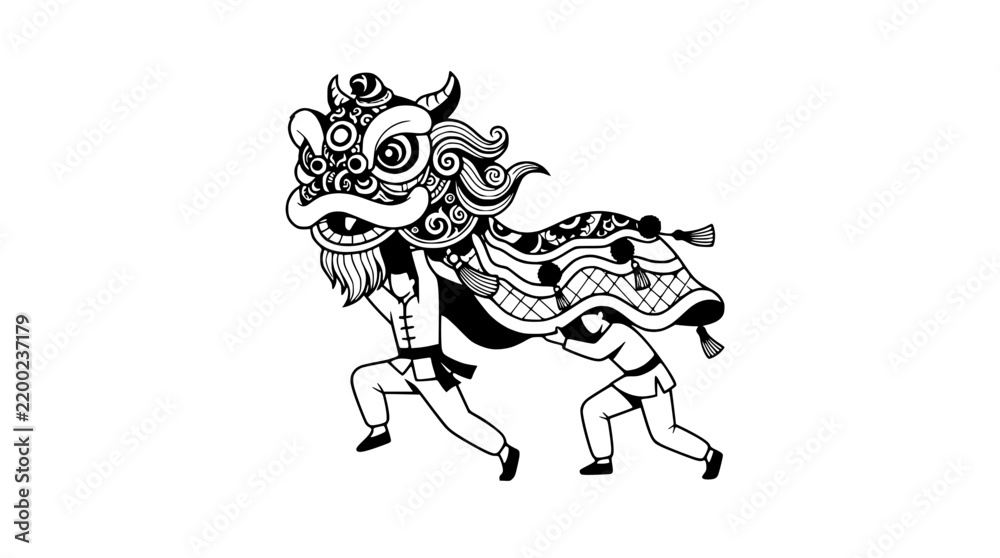 Fototapeta premium Chinese Lion Dance Performance - Black and White Illustration