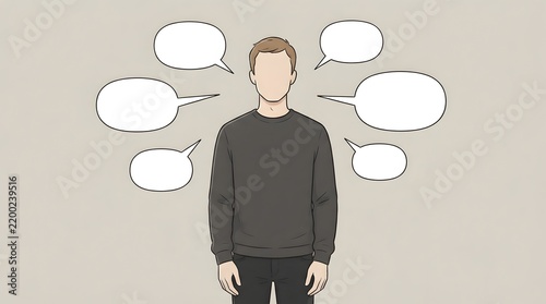 Minimalist Character Design With Multiple Blank Speech Bubbles Around The Figure