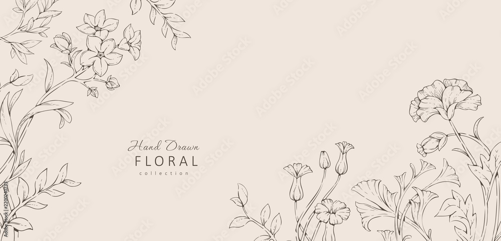 Obraz premium Set of whimsical doodle drawing various flowers and leaves. Luxury floral collection for wedding invitation, wallpaper art or save the date card. Botanical vector
