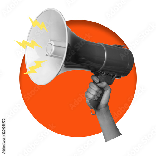 Fotografía A hand holds a loudspeaker that emits sound waves