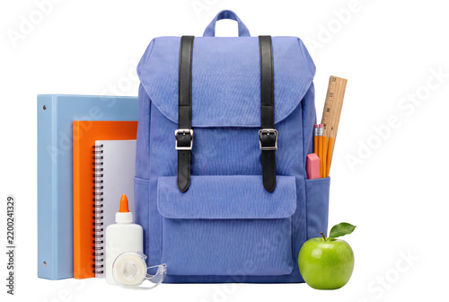 Blue Backpack Filled with School Supplies and a Green Apple