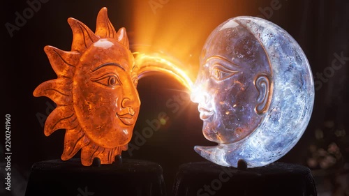 Sun and Moon Crystal Sculptures Interacting With Colorful Light Waves and Energy Sparks in Dark Studio
