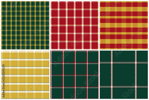 Bundle of six elegant festive tartan plaid Christmas patterns built on authentic highland weave structures, for Christmas wrapping paper, festive apparel and packaging