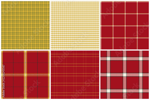 Set of six authentic Scottish Christmas tartan plaid patterns featuring classic Scottish weaving and clear check structure, for plaid shirts, blankets, scarves and seasonal branding