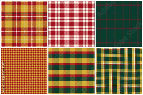 Collection of 6 seamless holiday tartan plaid patterns featuring classic Scottish weaving and clear check structure, for holiday cards, digital paper and winter home decor