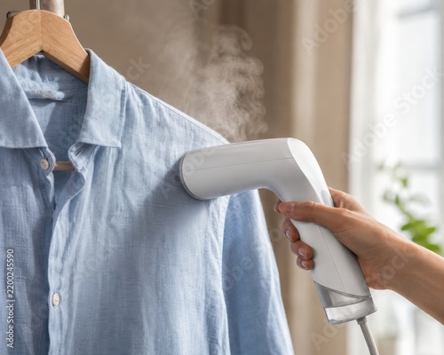 Handheld garment steamer removing wrinkles from a light blue linen shirt on a wooden hanger in a bright modern home. Fresh clothing care, steam ironing, and everyday household convenience concept.