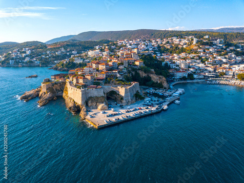 Ulcinj, drone view panorama of old city and popular travel destination on Adriatic sea in Montenegro.