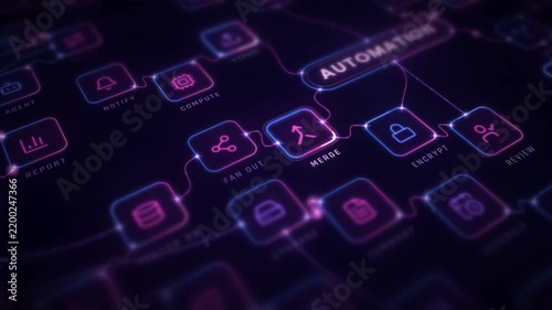 AI agent workflow automation node network glowing in neon pink and purple with a slow camera drift