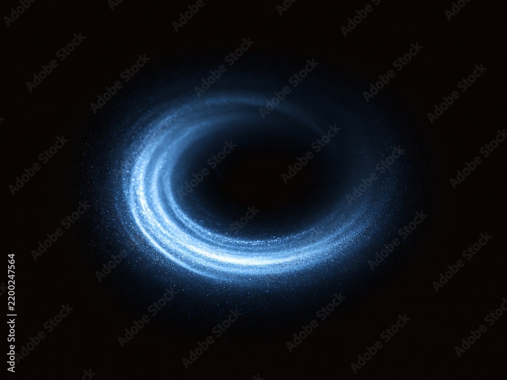 Obraz premium Top view of a circular winter snow vortex with swirling frosty light trails. Realistic snow storm and wind swirls creating a glowing blue spiral of ice particles on a dark black background.