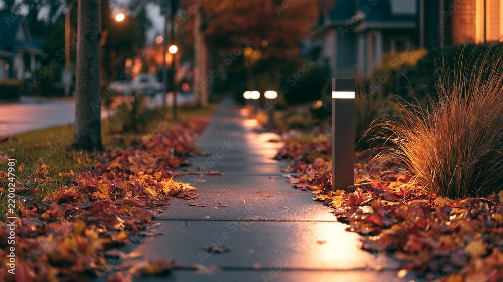 Obraz premium Modern bollard light glowing on sidewalk covered with fallen autumn leaves at dusk. Cozy residential street with warm evening illumination and blurred bokeh background.