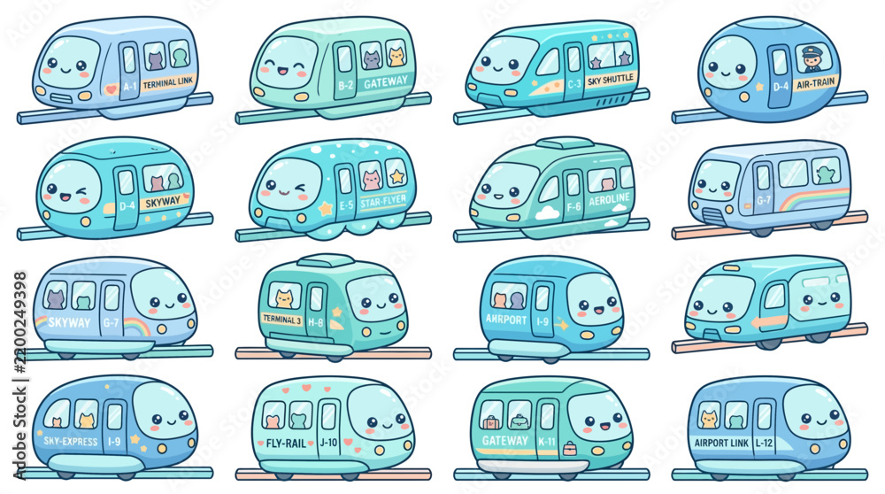 Obraz premium Cute Kawaii Trains Collection, Cartoon Transportation, Isolated