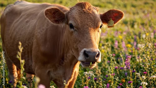 Cow standing and chewing in wildflower meadow during golden hour