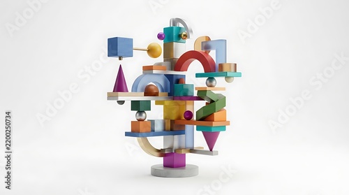 Abstract composition of colorful 3D geometric shapes balanced in a sculpture.