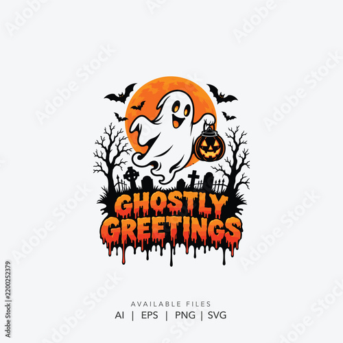 halloween ghost logo with pumpkin and bats, spooky ghost halloween typography design, cute creepy halloween logo for t shirt and merchandise