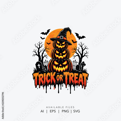 spooky trick or treat halloween pumpkin logo, scary jack o lantern halloween party design, creepy haunted forest trick or treat typography
