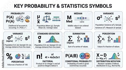 Close-up of probability and statistics symbols on a white background with copy space